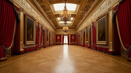 A Rococo gallery with walls covered in elaborate paintings golden frames and sumptuous drapery 