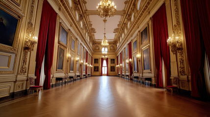 Fototapeta premium A Rococo gallery with walls covered in elaborate paintings golden frames and sumptuous drapery 