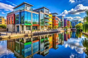 Urban Riverbank Contrast: Contemporary, Glass Facades, Stamford Town, River Reflections, Bold Colors