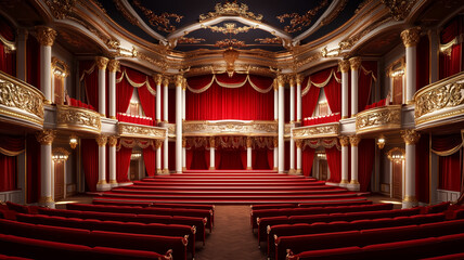 Obraz premium A Rococo theater featuring a grand stage ornate balconies and plush red seats with gold trimmings 