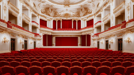 Obraz premium A Rococo theater featuring a grand stage ornate balconies and plush red seats with gold trimmings 