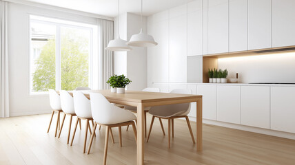 A Scandinavian dining area with a mix of light wood and white furniture modern lighting and simple elegant table settings 