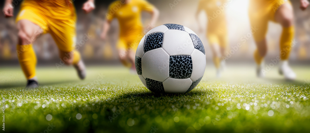 Poster a focused view of a soccer ball on a lush field with players in motion, capturing the excitement of 