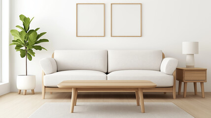 Fototapeta premium A Scandinavian living room with minimalist furniture light wood accents and neutral colors creating a bright and airy atmosphere 