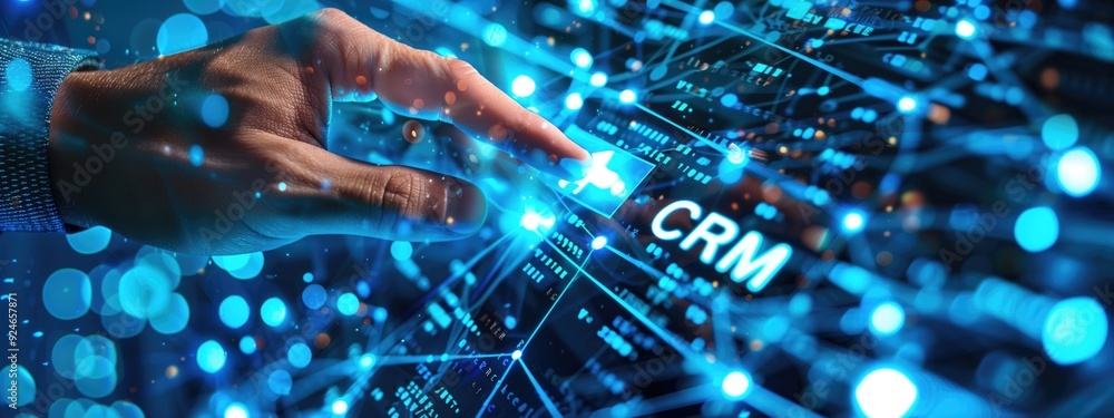 Poster hand pointing at digital crm interface with futuristic data visualization and blue neon lights. conc