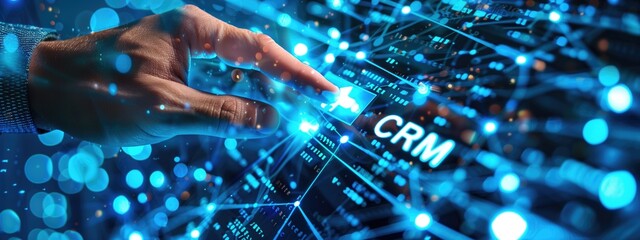 Hand pointing at digital CRM interface with futuristic data visualization and blue neon lights. Concepts of customer relationship management, technological advancement, and business efficiency.