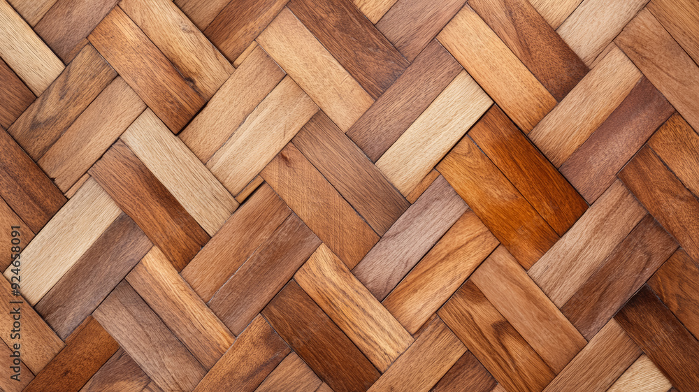 Poster a background of herringbone wood floor with intricate interlocking patterns and a mix of light and d