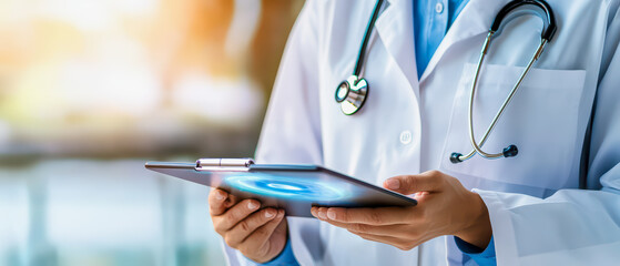 A healthcare professional analyzing data on a digital tablet, symbolizing modern medical technology and patient care.