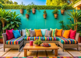 vibrant colorful sunset empty patio seating area bold striped pillows bright turquoise walls lush greenery warm neutral tones cheerful carefree afternoon feel