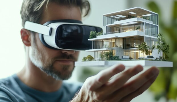Future Real Estate Planning and Interior Design with Virtual Reality: Man Wearing VR Glasses Interacts with Holographic House Model, Showcasing Immersive Architectural Visualization.