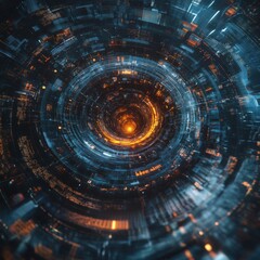 Fototapeta premium Futuristic AI Algorithm: Glowing Data Spiral Surrounded by Technological Interfaces