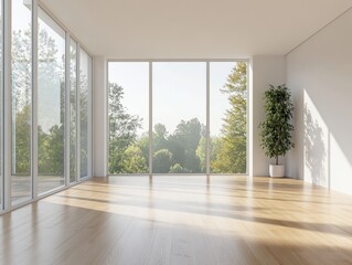 Fototapeta premium A large, empty room with a large window and a potted plant