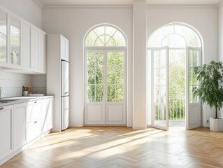 Obraz premium A large open kitchen with a white refrigerator and a potted plant