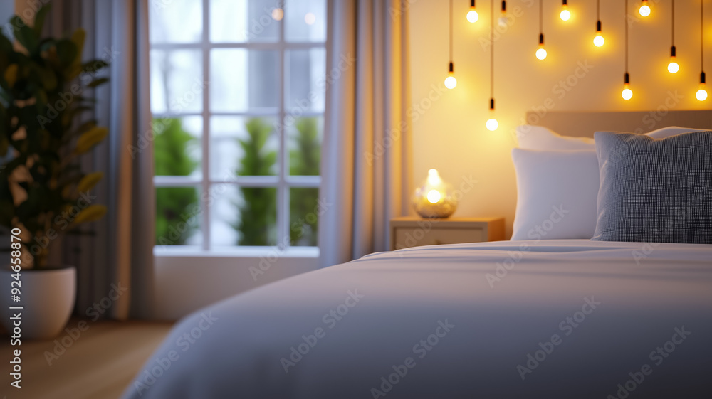 Aufkleber a bedroom with soft ambient lighting from bedside lamps and string lights creating a serene and rela