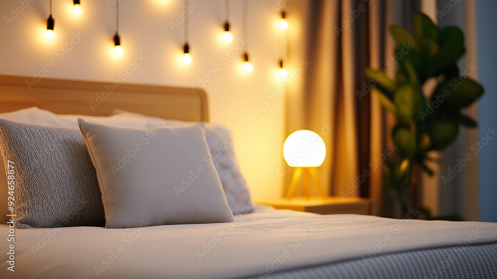 Poster a bedroom with soft ambient lighting from bedside lamps and string lights creating a serene and rela
