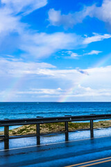 ダブルレインボー、海岸線、ハワイ、オアフ島