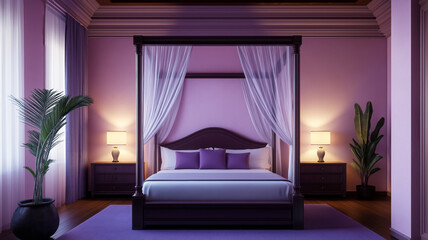A bedroom with Venetian plaster walls in a soft lavender a canopy bed with sheer curtains and ambient lighting for a serene retreat 