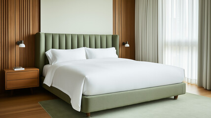 A bedroom with a sage green upholstered bed crisp white linens and wooden nightstands evoking a tranquil and stylish vibe 