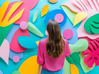 Colorful paper art installation  woman engaging with playful shapes for social media posts