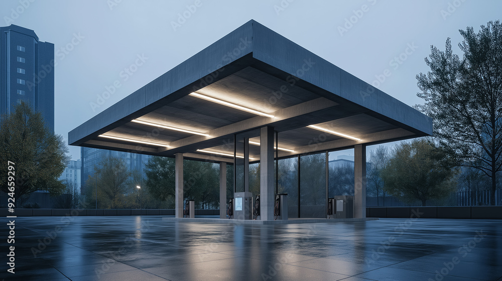 Aufkleber a brutalist gas station featuring heavy concrete canopies angular structures and minimalistic design
