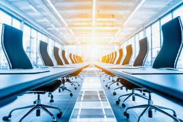 Obraz premium A modern conference room with sleek chairs and large windows, filled with natural light, perfect for meetings and presentations.