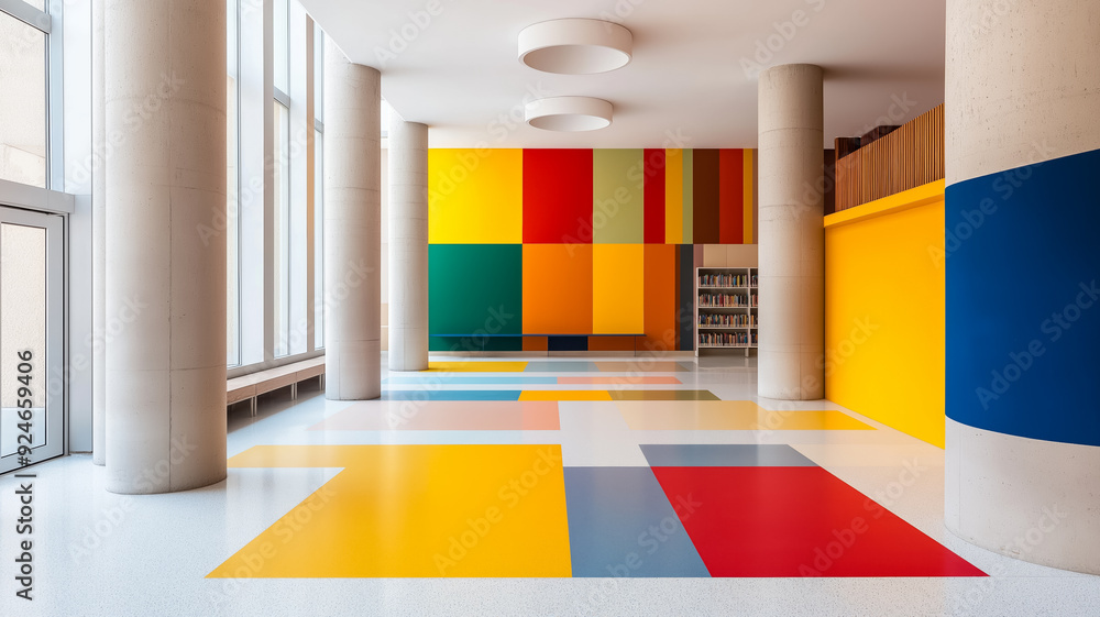 Poster a brutalist library for children with towering concrete columns small colorful reading areas and sky