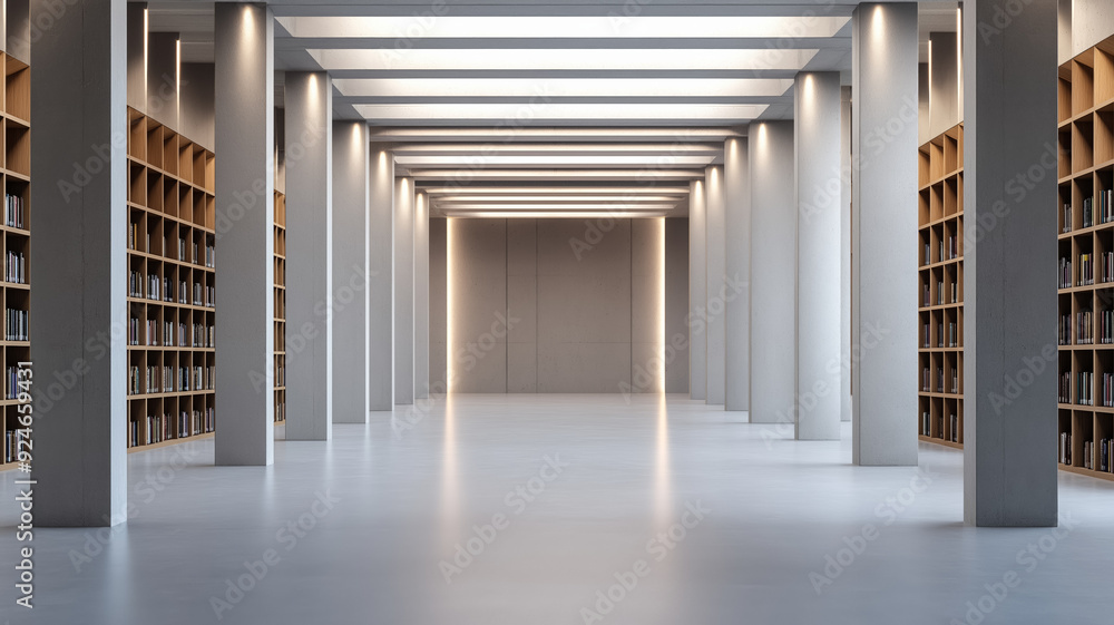 Poster a brutalist library interior heavy concrete columns and beams minimalistic and imposing with rows of