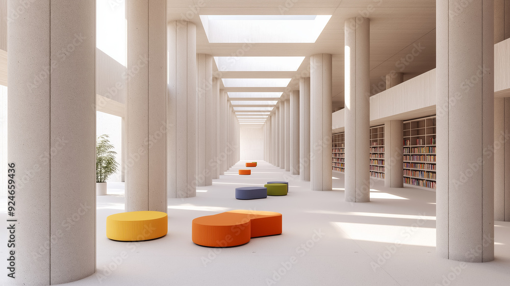 Poster a brutalist library for children with towering concrete columns small colorful reading areas and sky