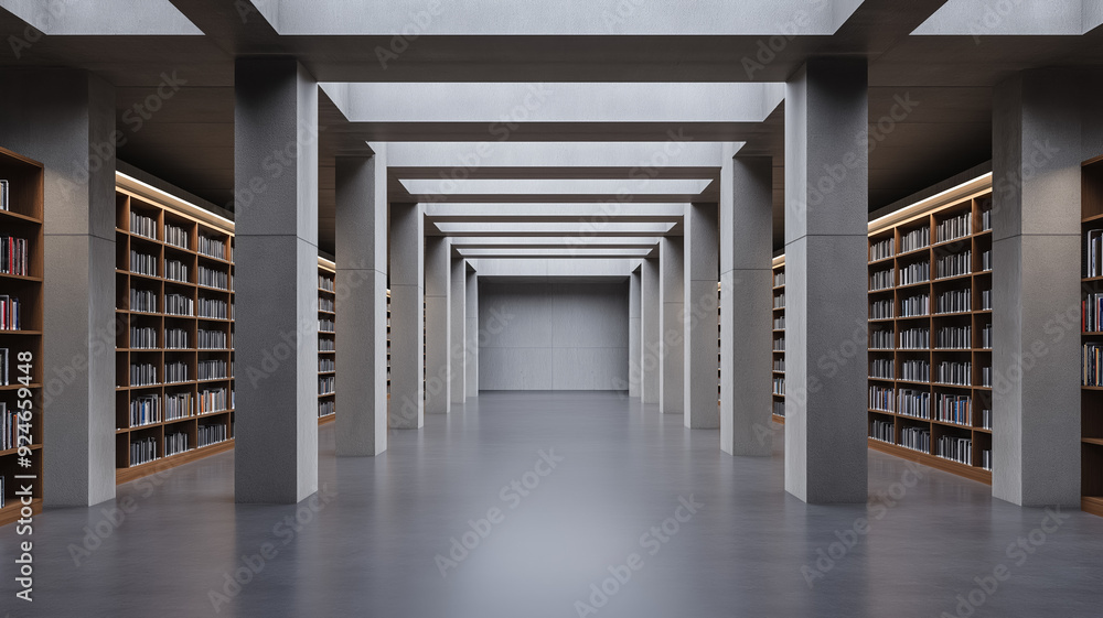 Aufkleber a brutalist library interior heavy concrete columns and beams minimalistic and imposing with rows of
