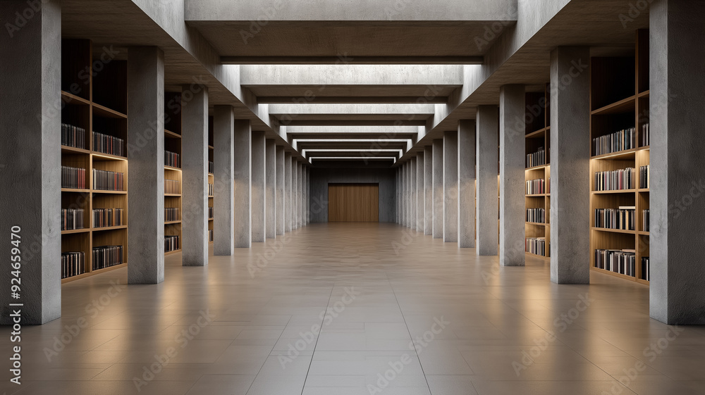 Poster a brutalist library interior heavy concrete columns and beams minimalistic and imposing with rows of