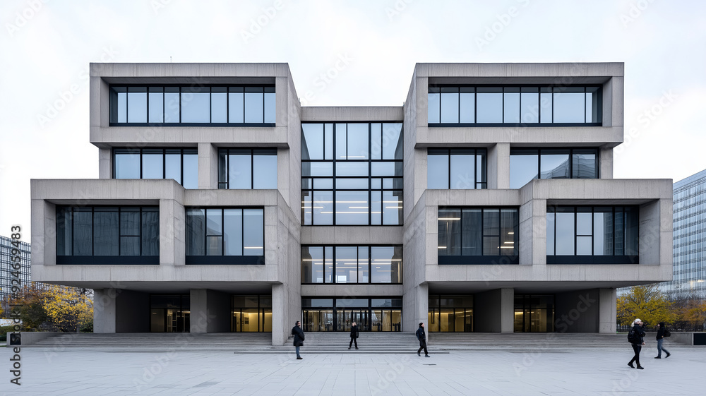 Aufkleber a brutalist university campus large concrete buildings with deep set windows and minimal ornamentati