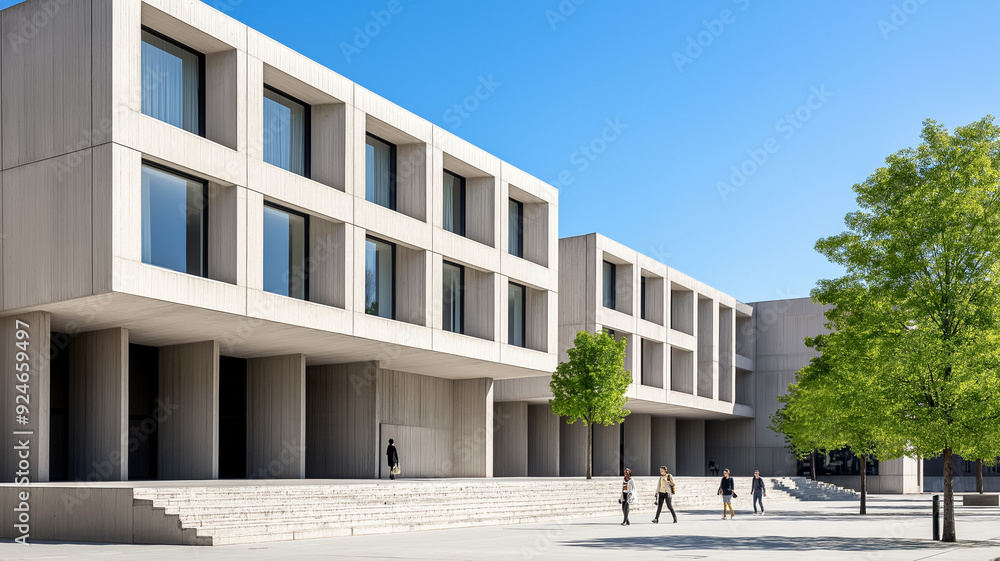 Aufkleber a brutalist university campus large concrete buildings with deep set windows and minimal ornamentati