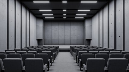 A brutalist movie theater with massive concrete walls sharp lines and a minimalist interior offering a unique cinematic experience 