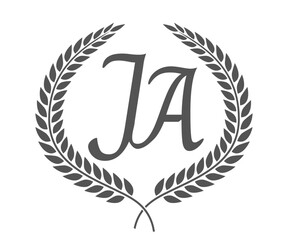 Initial letter J and A, JA monogram logo design with laurel wreath. Luxury calligraphy font.