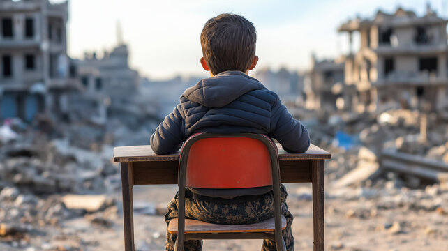 A child sitting on a school desk and chair in the middle of a war zone 
