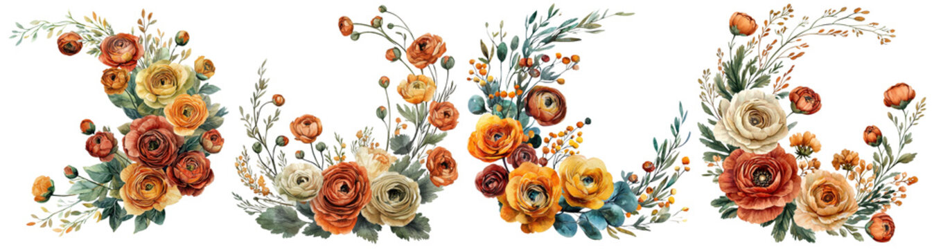 Watercolor Terracotta and Warm Mustard Ranunculus Garland with Copper Birch Leaves