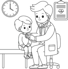 Doctor examining a child patient with a stethoscope in a clinic outline coloring page. Doctors Day, Labor Day hand drawn clip art
