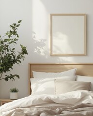 A bed with a white comforter and pillows, a potted plant
