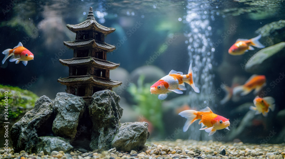 Wall mural a feng shui-inspired aquarium featuring koi fish swimming peacefully around a miniature