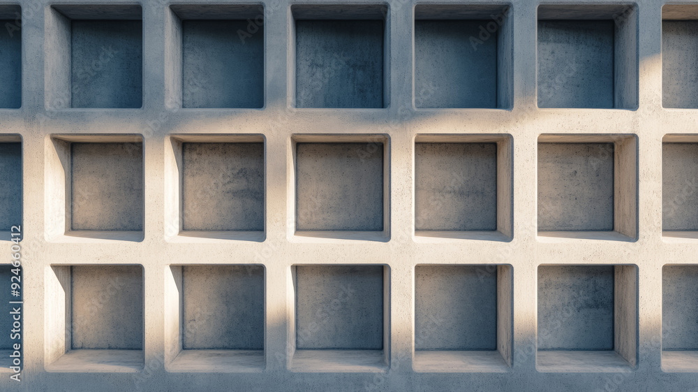 Poster a close up of the textured concrete facade of a brutalist structure with shadows emphasizing the raw