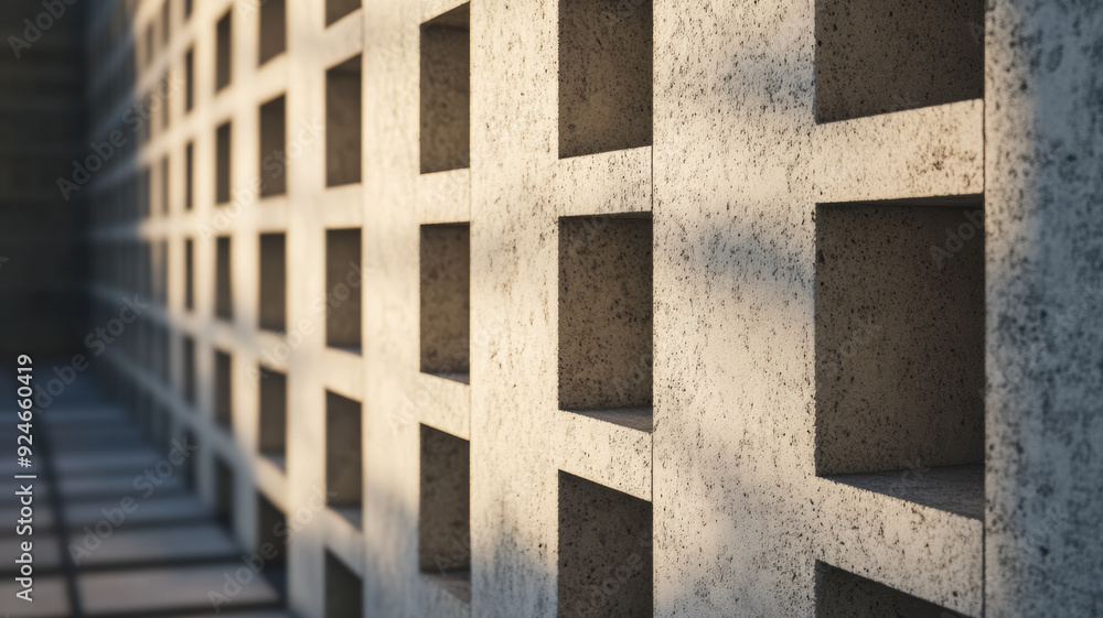 Poster a close up of the textured concrete facade of a brutalist structure with shadows emphasizing the raw