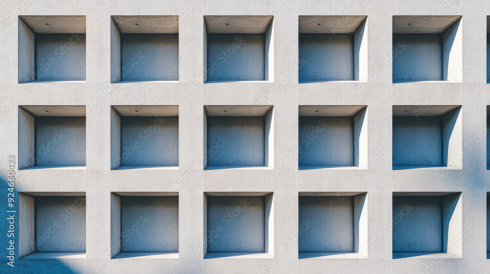 Poster a close up of the textured concrete facade of a brutalist structure with shadows emphasizing the raw
