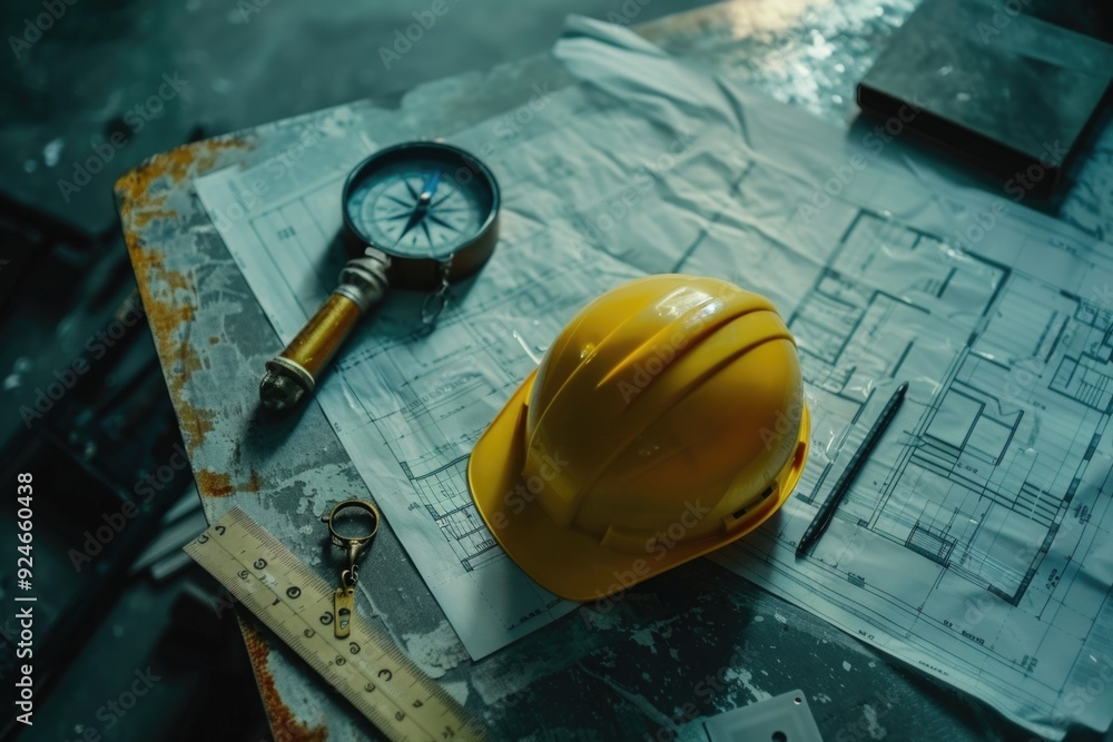 Aufkleber Tools used for building and construction projects placed on a table