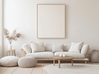 A white living room with a large white framed picture on the wall