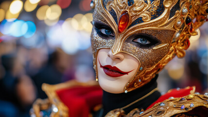 Fototapeta premium A closeup of a cosplayer adjusting their detailed costume with the conventions bustling atmosphere in the background 