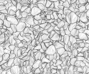 Outline background with outline of many stones from black lines isolated on white background. Vector illustration.