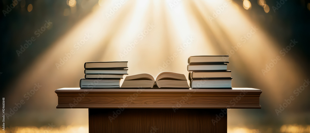 Poster a serene setting featuring an open book and stacked books on a table, illuminated by soft, warm sunl
