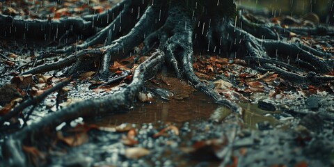 Effects of rain tree roots stones and mudslide