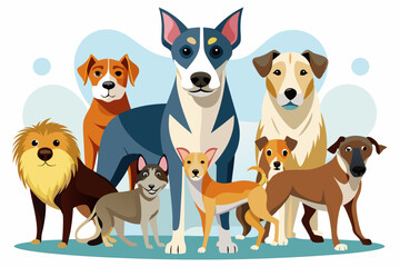 Group of Seven Cartoon Dogs Standing Together