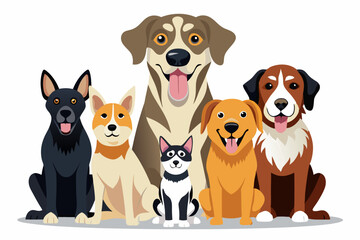 Group of Happy Dogs and a Cat Sitting Together